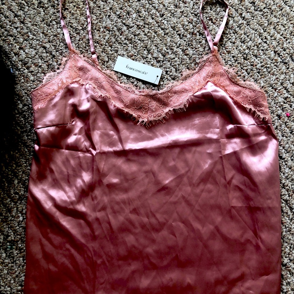 Pink silk tank top with lace NWT